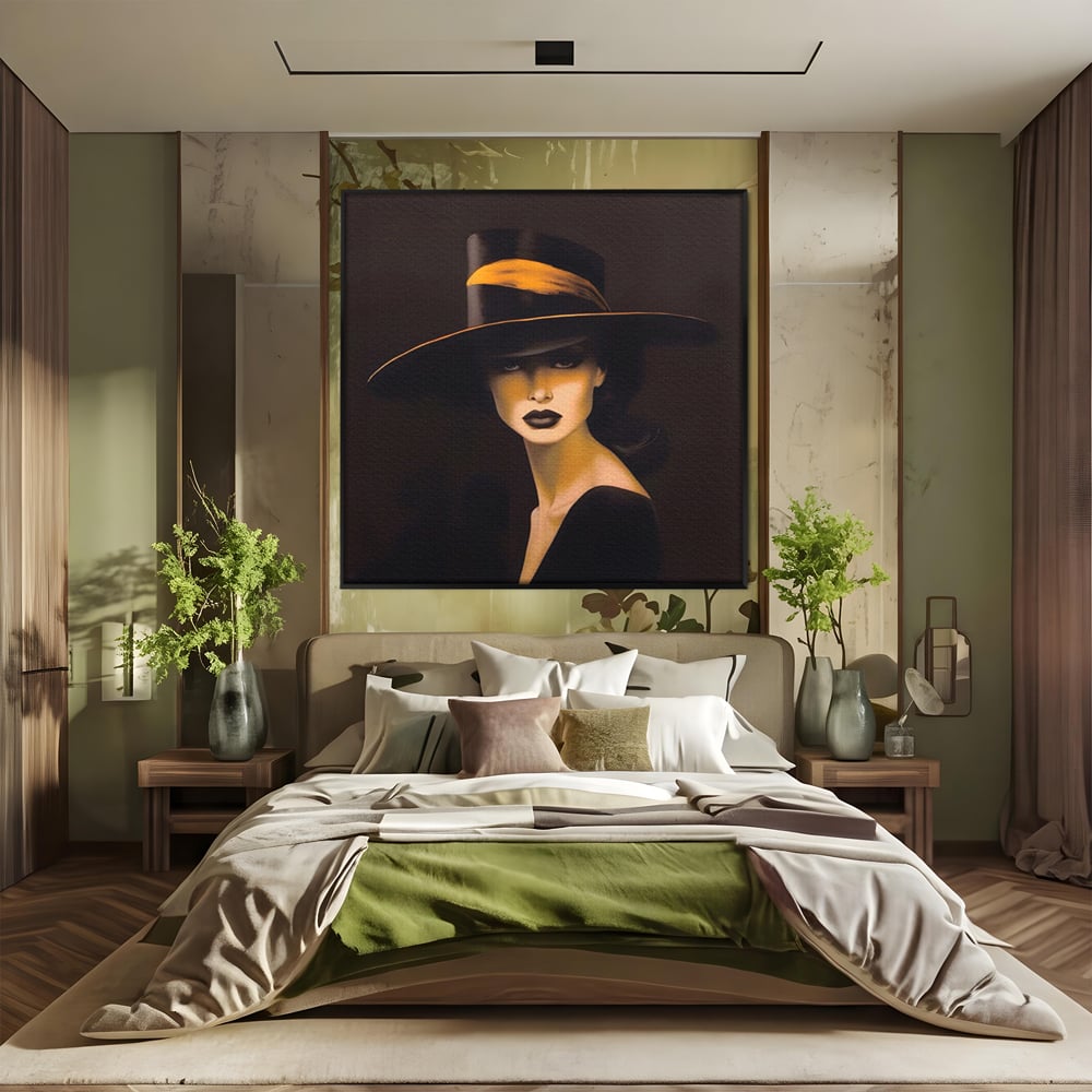 Tablou canvas cu tablou canvas cu femeie misterioasa, in rama de aluminiu negru, pe perete intr-un dormitor
